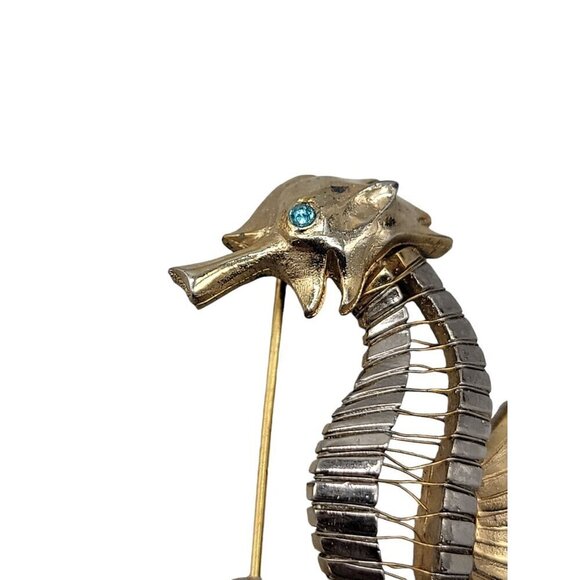 Seahorse Brooch Silver & Gold Tone Blue Rhinestone Eye Vintage Nautical Piece - Picture 4 of 8